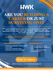 Poster for HWK Law Group careers with the bold orange headline 'Are you building a career or just surviving one?' and a prominent 'How to Apply' area.