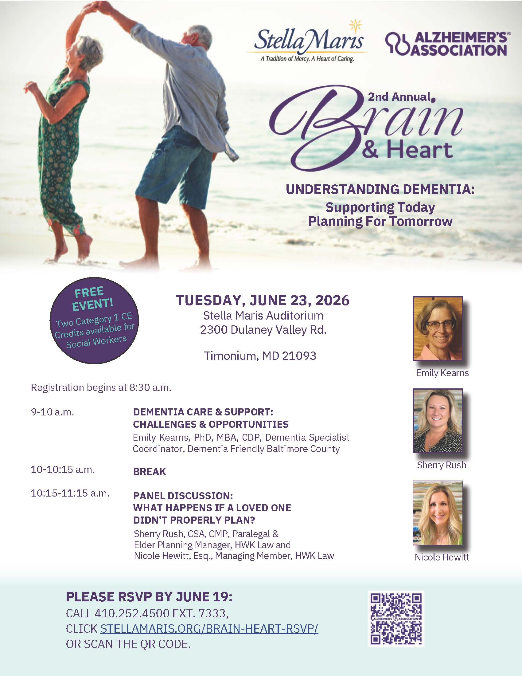 An elderly couple dancing on a sunny beach with event title Brain & Heart and logos in the top right corner.