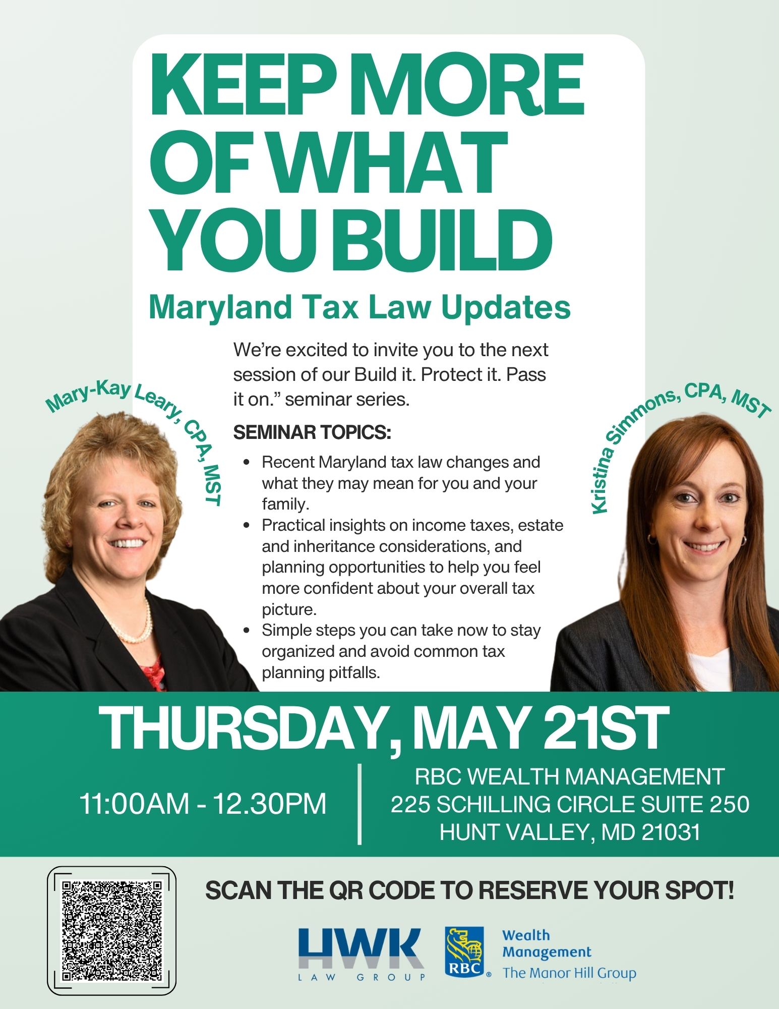 Poster advertising a Maryland tax law updates seminar with a bold teal headline and speaker photos on the sides, plus bullet topics.