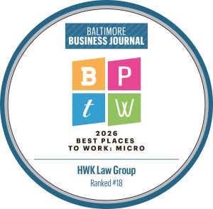 BBJ BPTW BADGE - HWK Law Group Award badge for Baltimore Business Journal 2016 'Best Places to Work: Micro' with HWK Law Group ranked #18