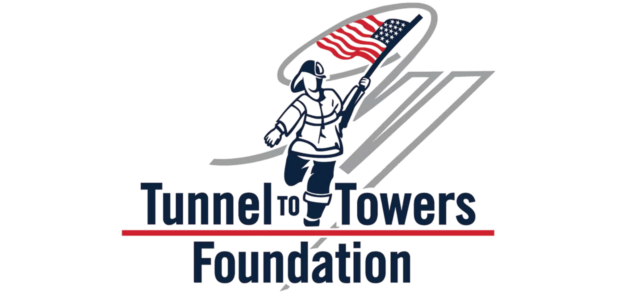 Tunnel to Towers Foundation logo: firefighter running with a flag motif and the organization name beneath